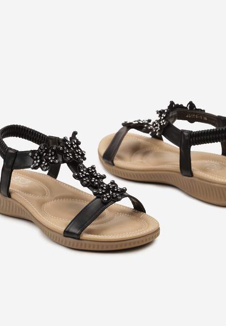 Czarne Wsuwane Sandały z Cyrkoniami z Motywem Kwiatowym Effika
