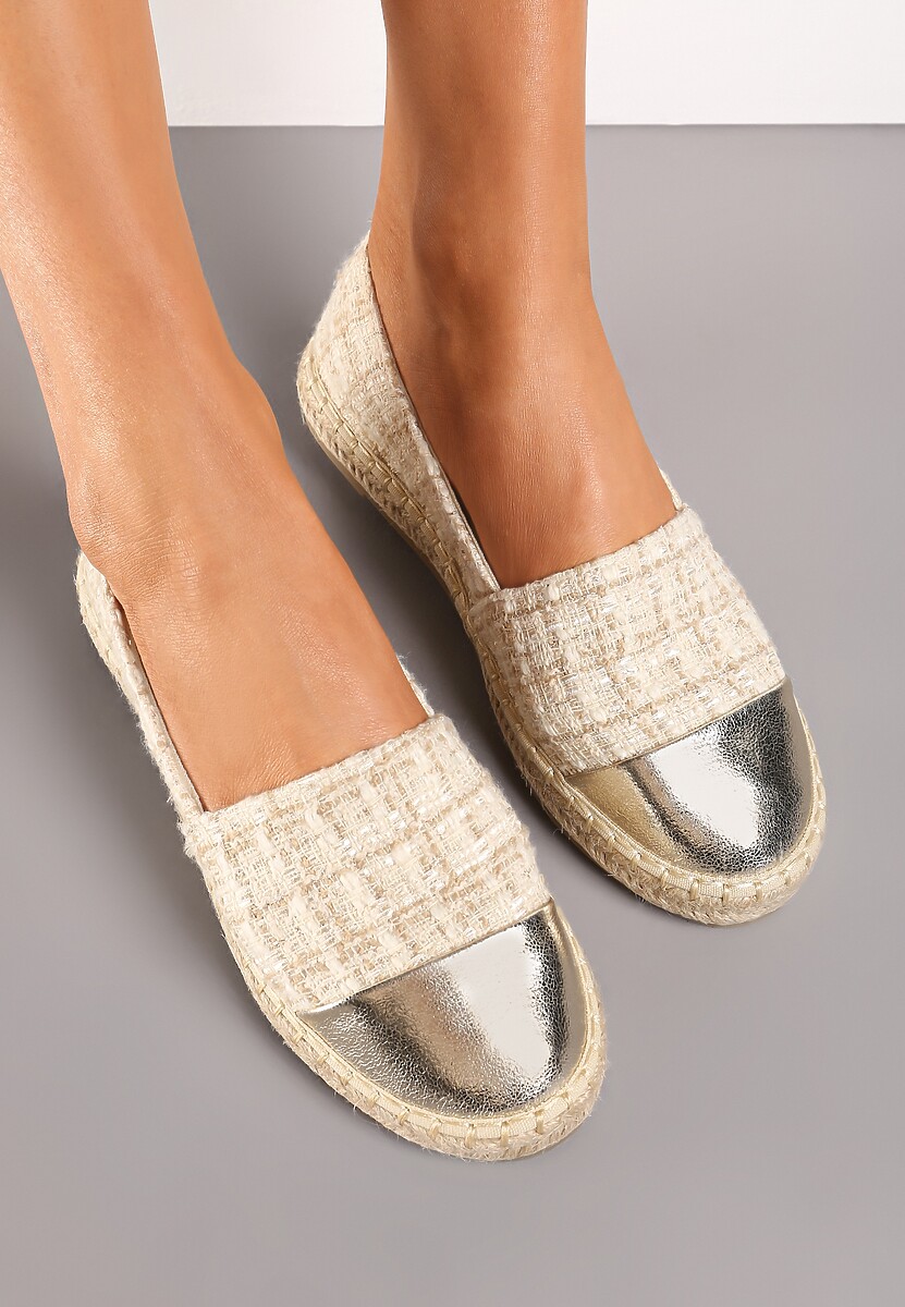 Ciemnobeżowe Espadryle z Tweedowego Materiału z Plecionką na Podeszwie Hexiria