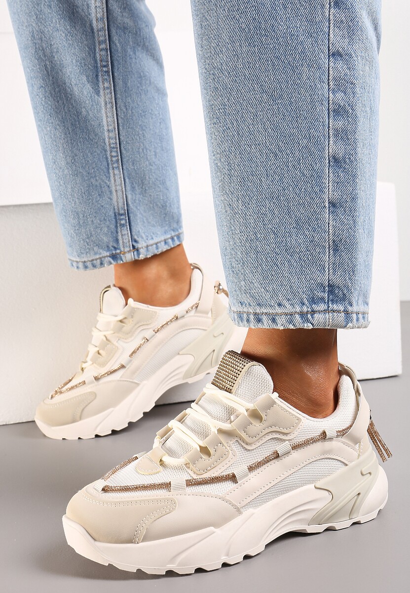 Beżowe Sneakersy  z Ozdobnym Sznurkiem z Cyrkoniami Saerina