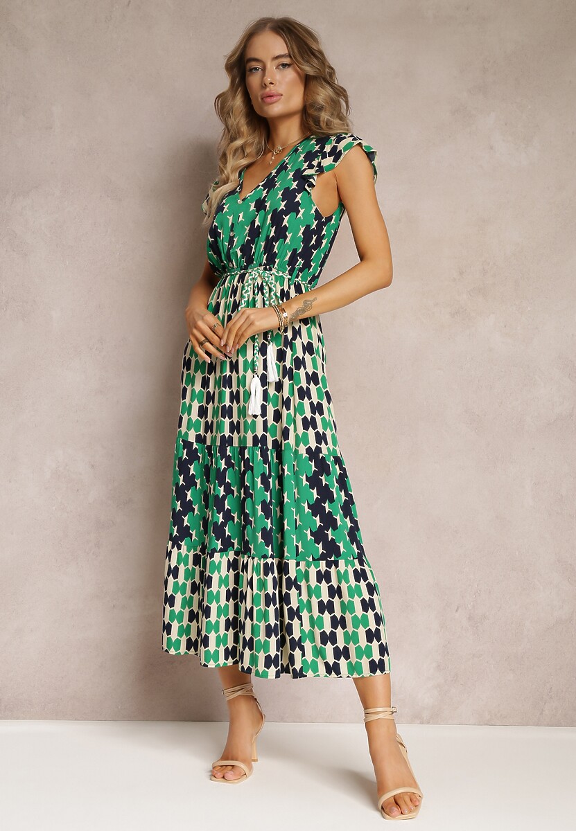 Zielona Wiskozowa Sukienka Maxi z Gumką w Talii i Falbankami przy Ramionach Baldise