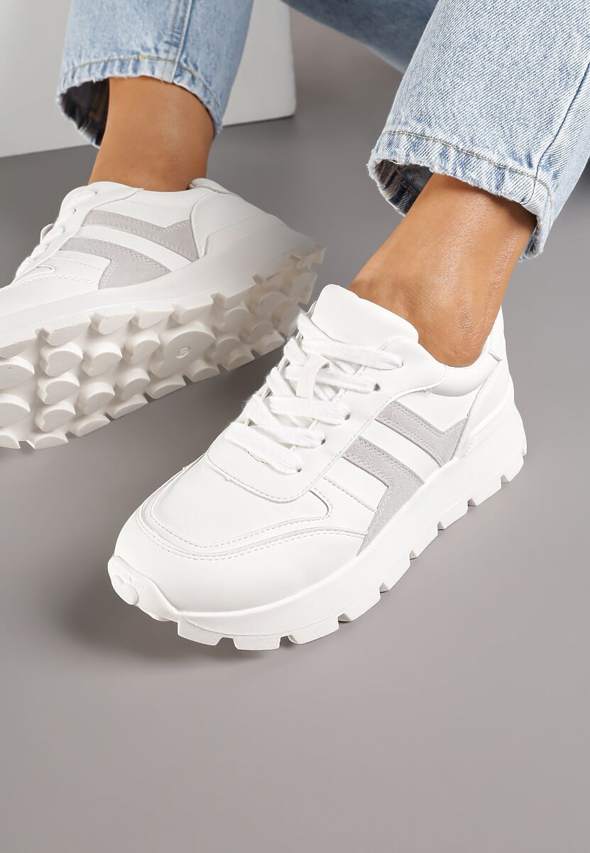 Biało-Szare Sneakersy na Grubej Podeszwie Zdobione Przeszyciami Lulline