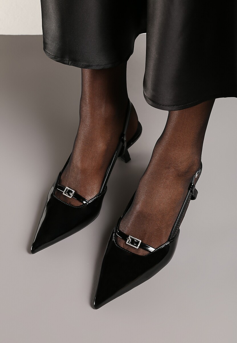 Czarne Czółenka na Szpilce Typu Kaczuszka Peep Toe Ozdobione Klamrami Evalssia