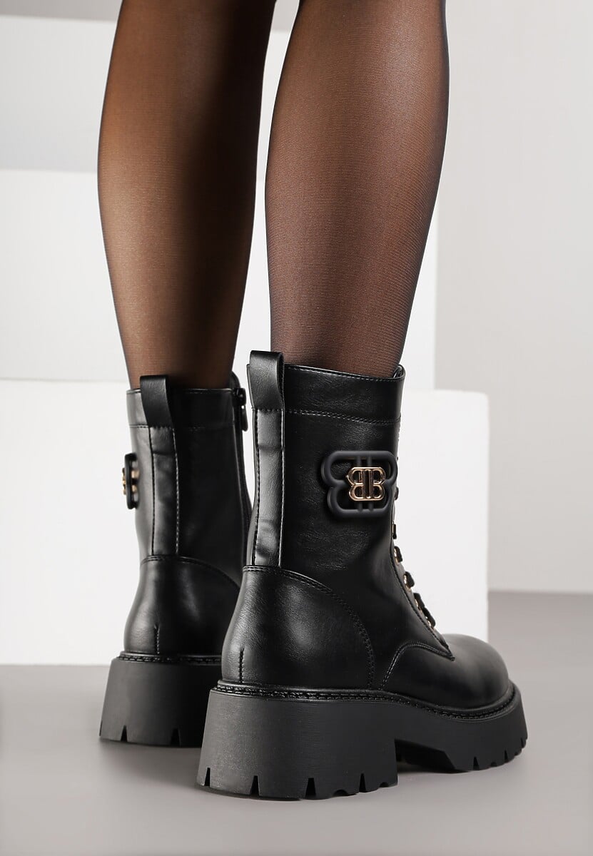 Czarne Botki Workery VICES z Metalicznym Zdobieniem na Cholewce Cevea