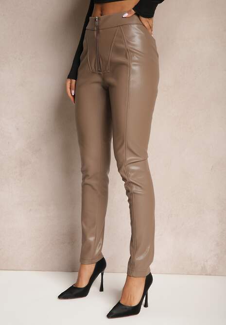 Beżowe Spodnie High Waist z Ekoskóry z Ozdobnym Suwakiem i Ociepleniem Ilanilith