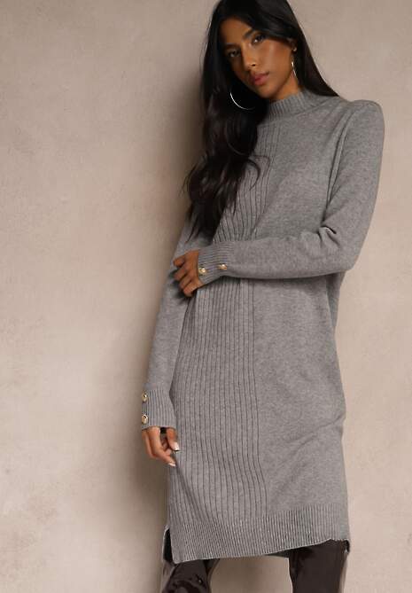 Jasnoszara Pudełkowa Sukienka z Wiskozą Modalem i Guzikami Jesalttia