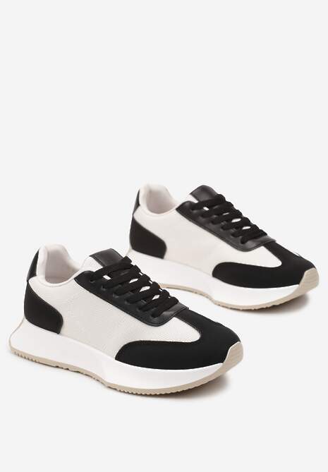 Biało-Czarne Sneakersy na Grubej Podeszwie z Ozdobnymi Przeszyciami i Sznurowaniem Filmia