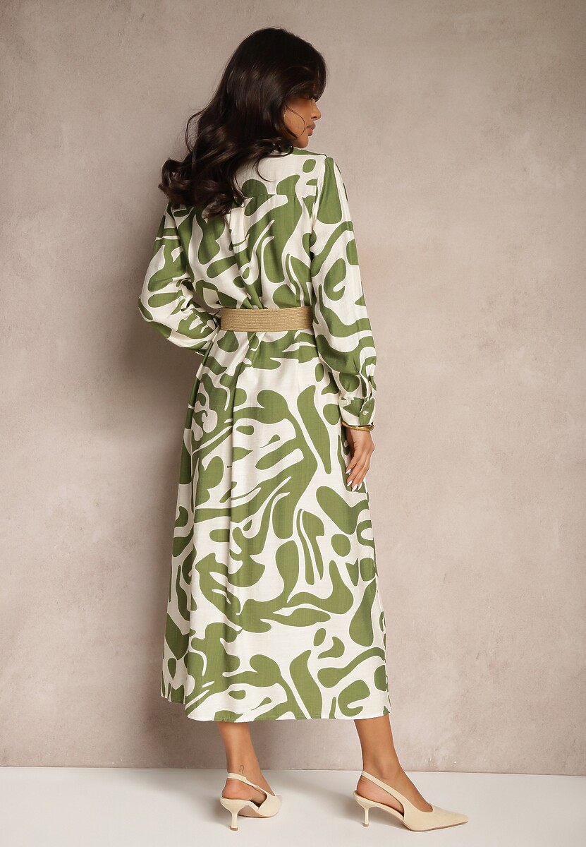 Zielona Sukienka z Wiskozą o Koszulowym Kroju z Plecionym Paskiem Faledina