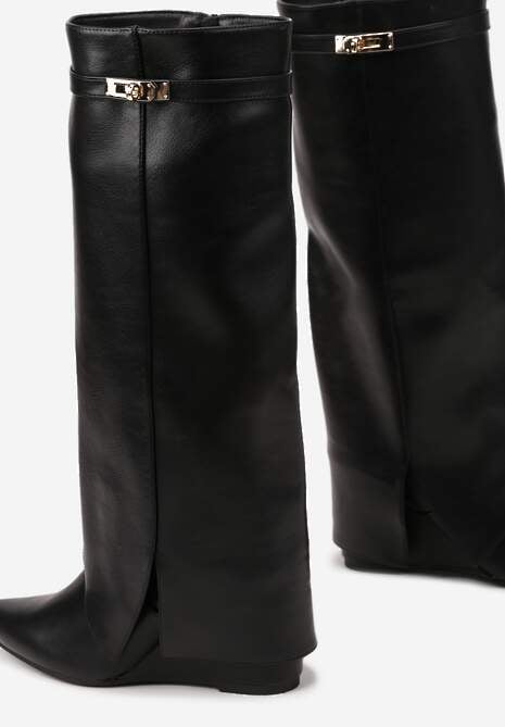 Czarne Kozaki na Koturnie z Cholewką Imitującą Nogawkę z Aplikacją Testarria