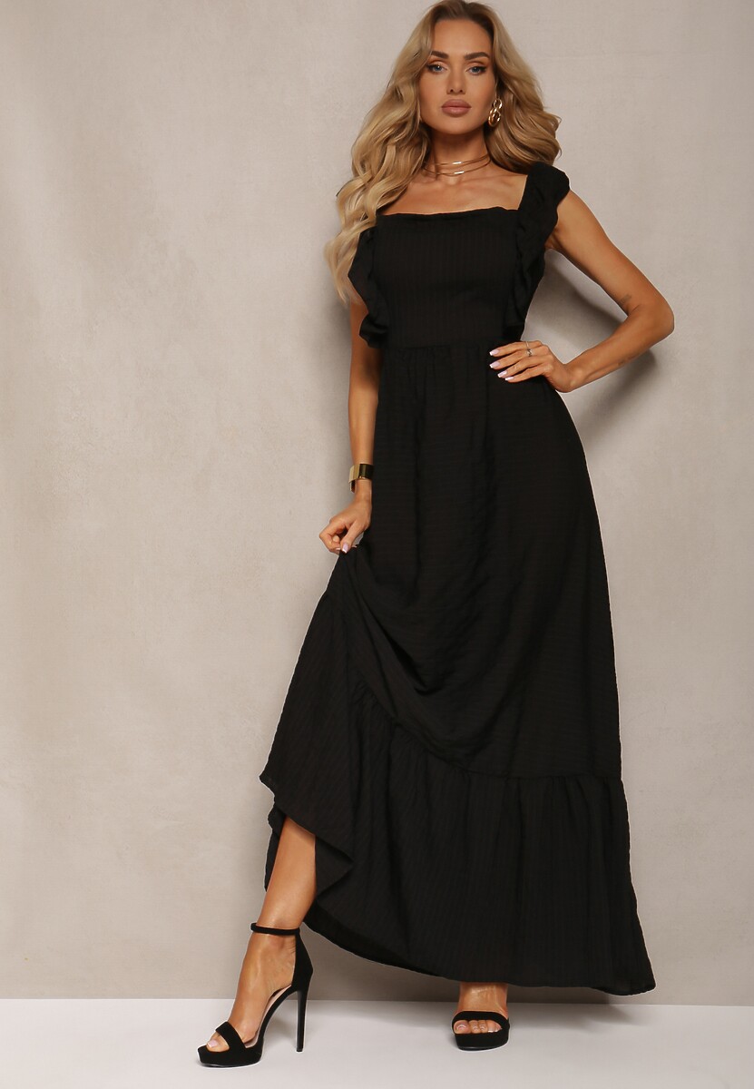 Zielona Sukienka z Wiązaniem na Plecach na Ramiączkach z Falbankami i Gumką w Pasie Rollas