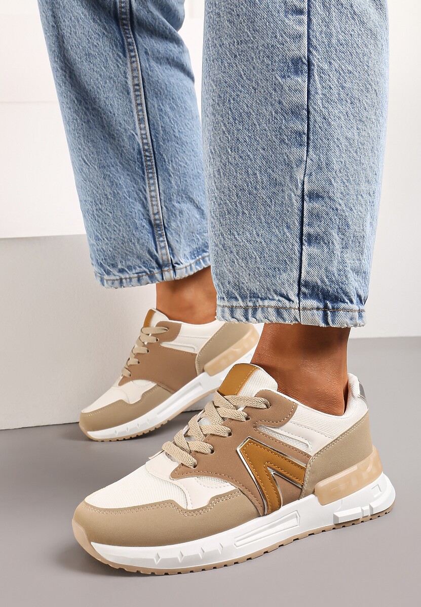 Ciemnobeżowe Płaskie Sneakersy przed Kostkę z Ekozamszu ze Sznurowaniami Jrines