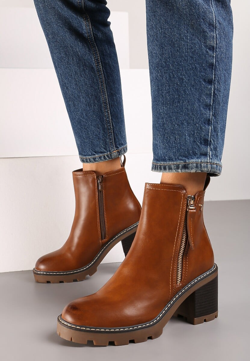 Brązowe Botki na Obcasie z Ozdobnym Zamkiem Błyskawicznym Leriene