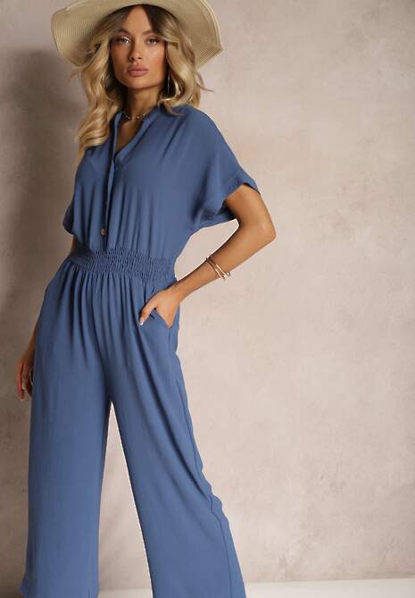 Granatowy Taliowany Kombinezon z Wiskozy Zapinany na Guziki Frisea