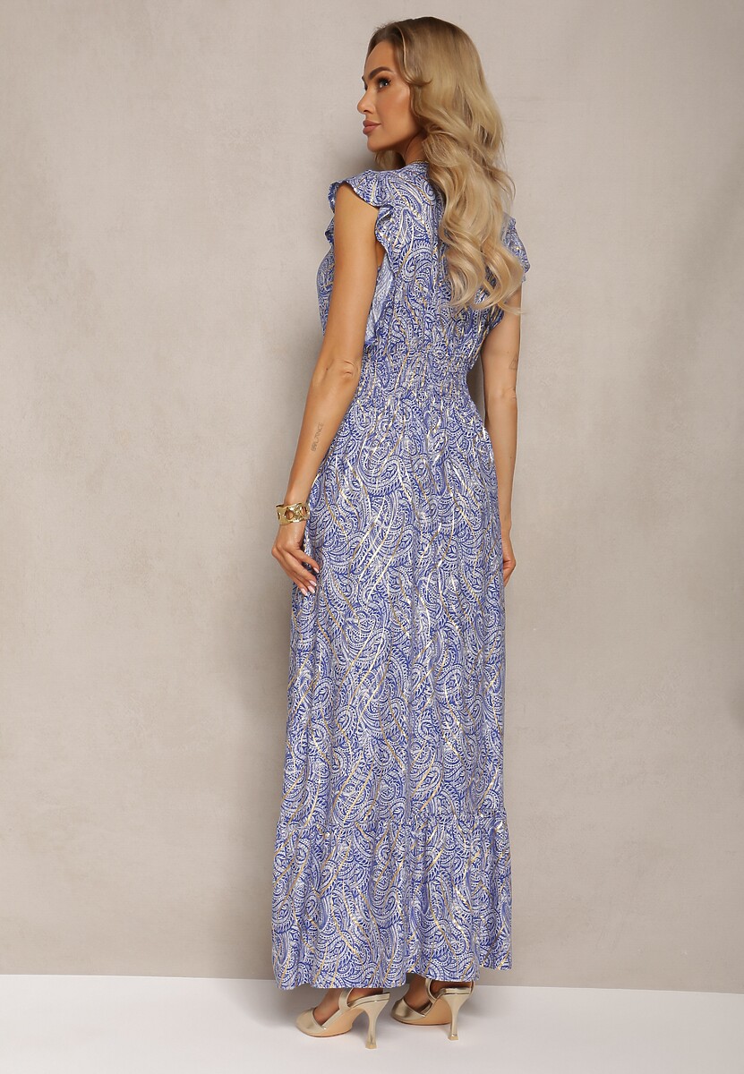 Niebieska Sukienka z Bawełny z Trójkątnym Dekoltem z Gumkami w Talii i Metalicznym Nadrukiem Nellata