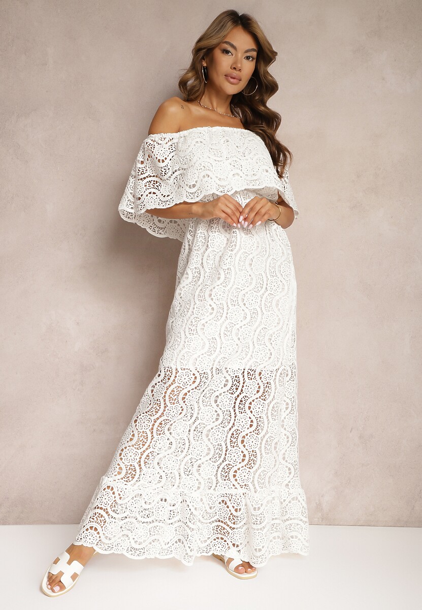 Biała Ażurowa Sukienka z Bawełny z Dekoltem Hiszpanką Wykończona Gumką w Talii Helavia