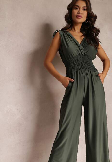 Ciemnozielony Kombinezon z Szerokimi Nogawkami i Gumkami w Talii Adriannae