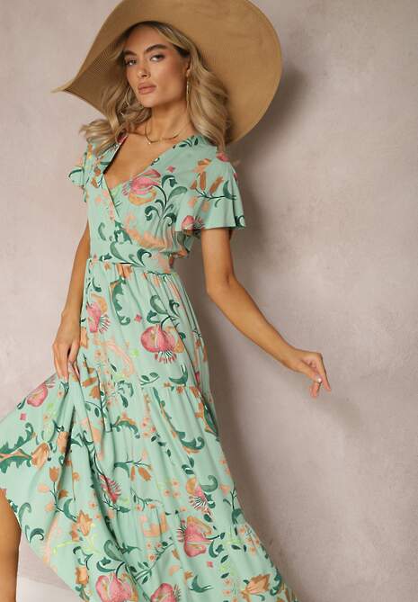 Zielona Kwiatowa Sukienka o Rozkloszowanym Fasonie Maxi z Wiskozy z Falbanką Acatie