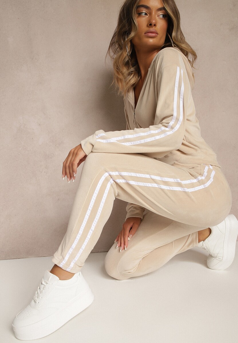 Beżowy 2-Częściowy Komplet Dresowy z Weluru z Ozdobnymi Lampasami Bluza i Spodnie Anelpe