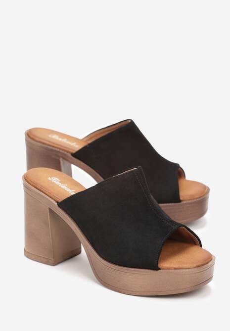 Czarne Klapki z Szerokim Paskiem na Słupku w Stylu Drewniaków Sabirah