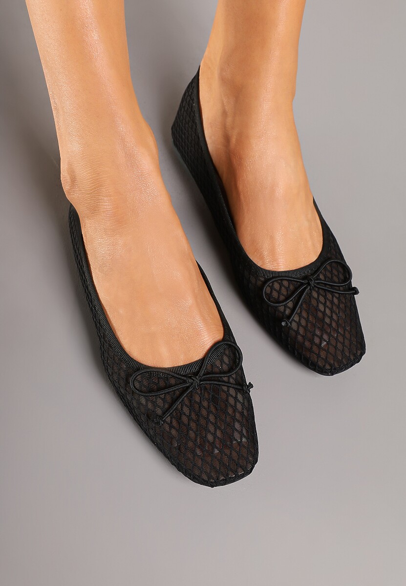 Czarne Balerinki Siateczkowe z Kwadratowym Noskiem i Kokardką Aferriana