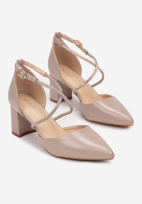 Beżowe Czółenka na Słupku z Paskami z Cyrkoniami i Szpiczastymi Noskami Jarise