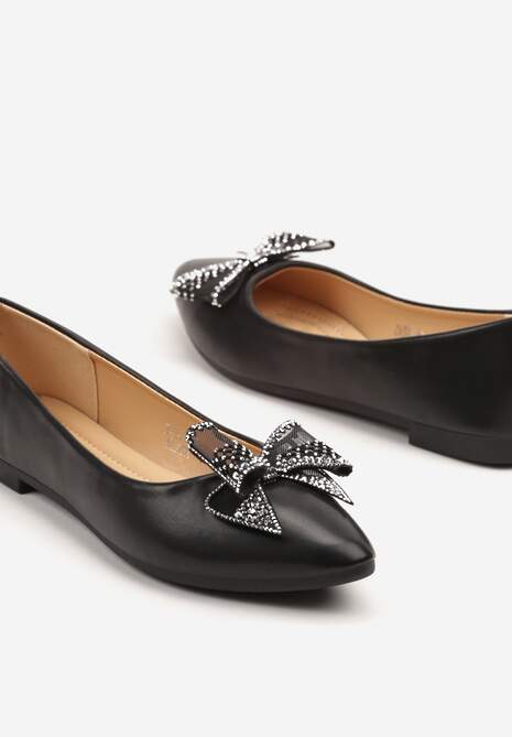 Czarne Balerinki z Kokardą i Cyrkoniami Marintis
