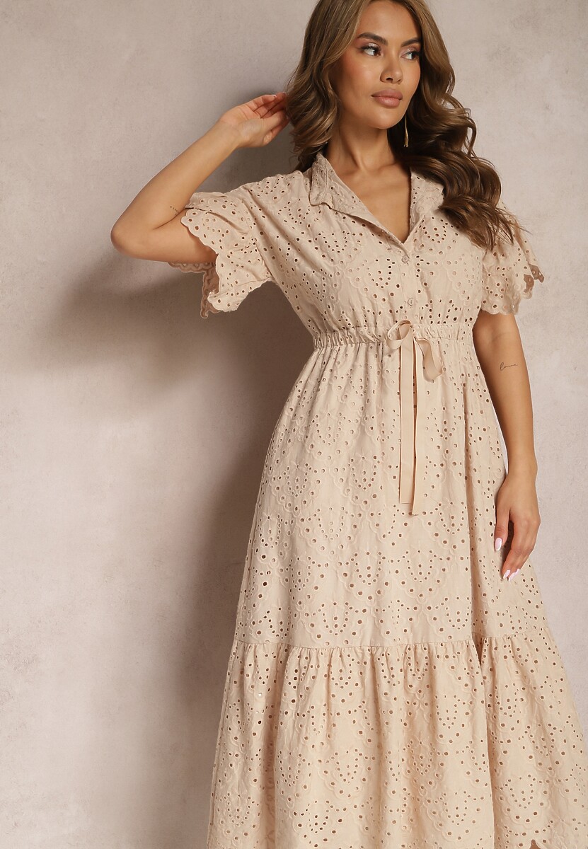 Beżowa Bawełniana Sukienka o Rozkloszowanym Kroju z Haftem z Guzikami i Gumką w Pasie Lovarae