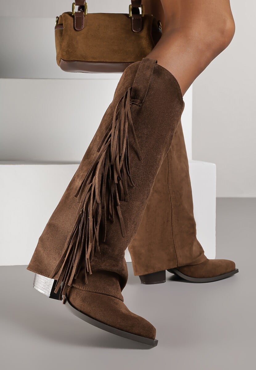 Brązowe Kozaki Kowbojki na Stożku z Cholewką Imitującą Nogawkę z Frędzlami Monettea