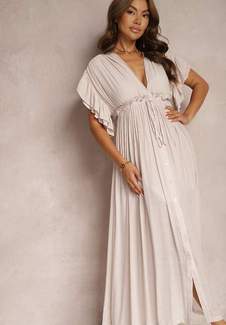 Beżowa Bawełniana Sukienka z Gumką w Talii i Falbankami Rivatia