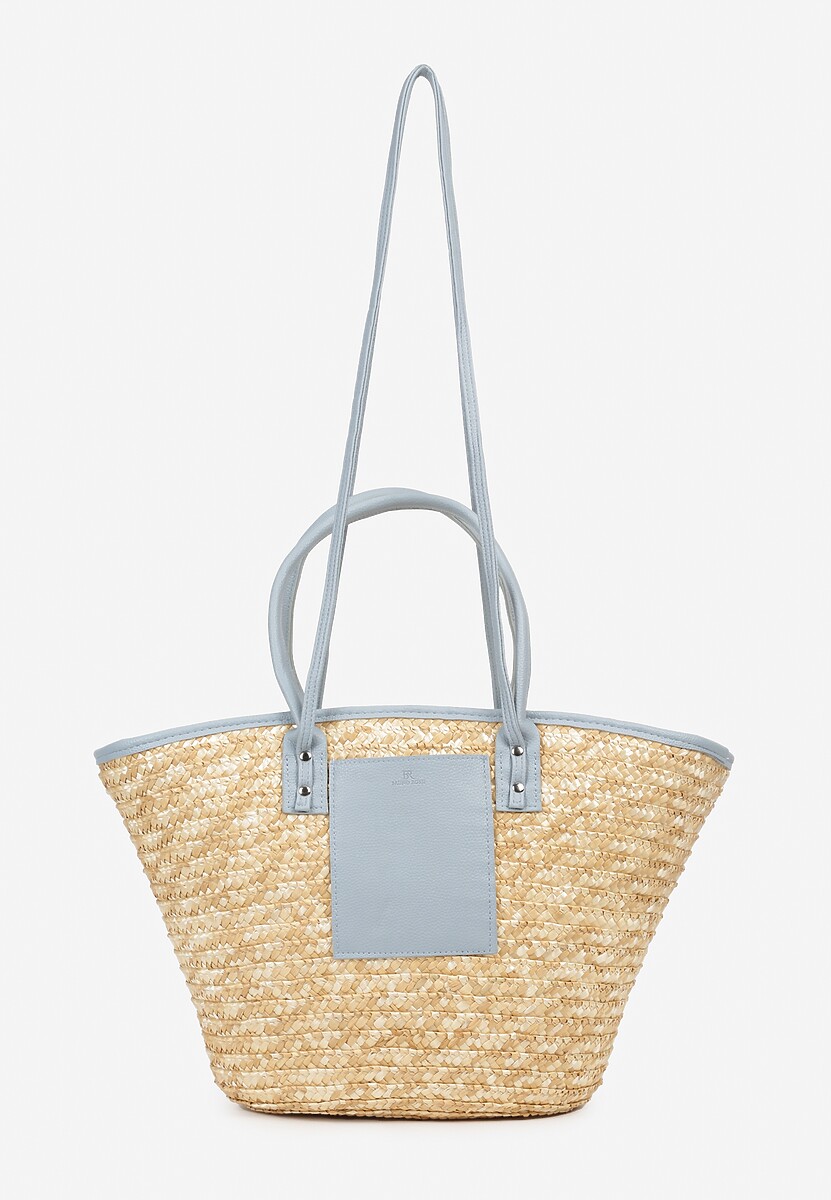 Niebiesko-Beżowa Duża Torebka na Ramię w Stylu Boho z Ozdobnymi Wstawkami Gnobbia