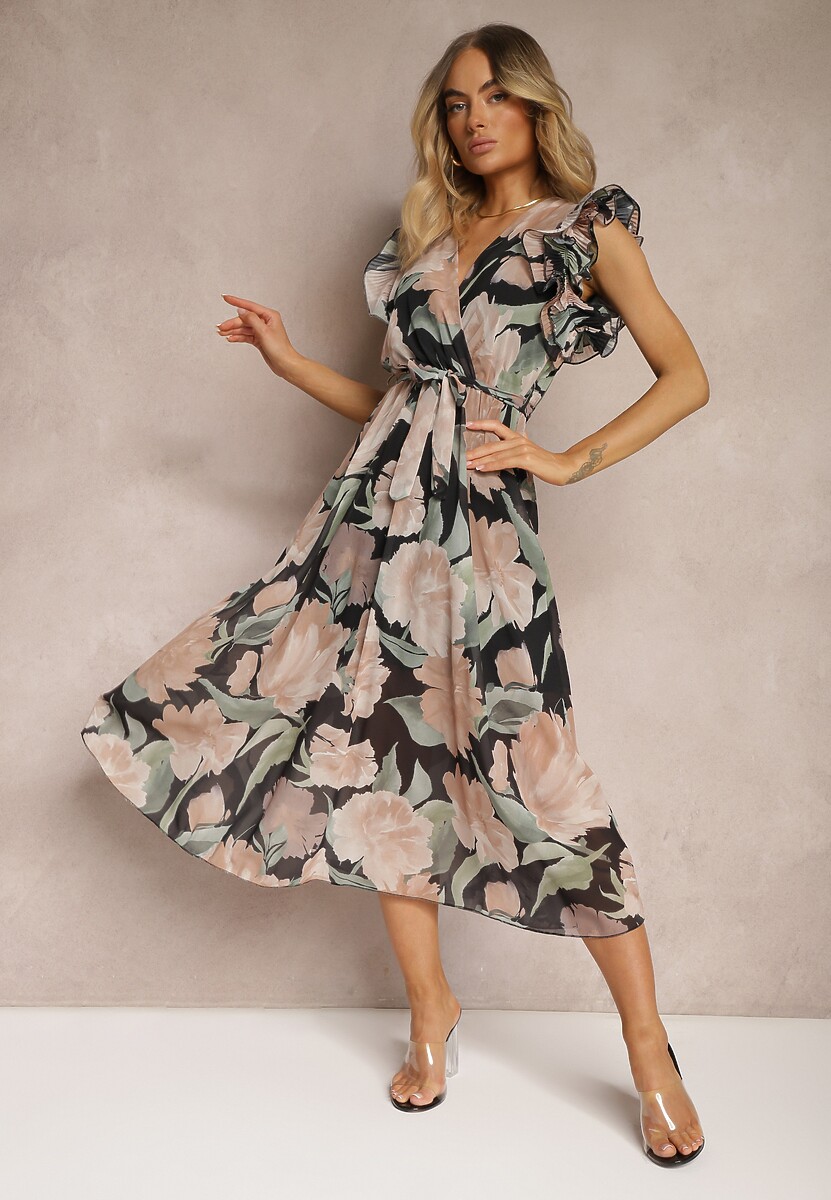 Czarno-Różowa Sukienka z Kopertowym Dekoltem z Gumką w Pasie i Paskiem w Talii z Falbankami Dimrine