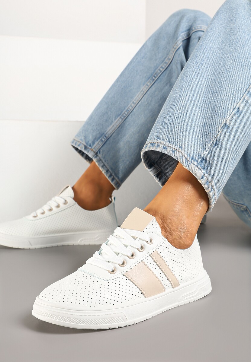 Beżowo-Białe Tenisówki Ozdobione Paskami Meloti