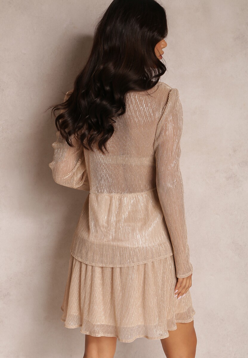 Beżowa Sukienka Rozkloszowana z Ozdobną Metaliczną Nitką i Falbankami Shajiha