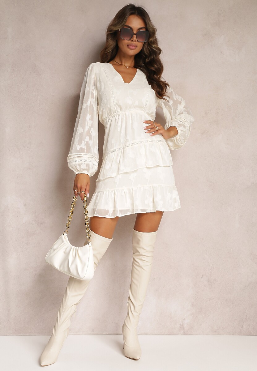 Jasnobeżowa Krótka Sukienka Boho Ozdobiona Metaliczną Nitką Eleonoritta