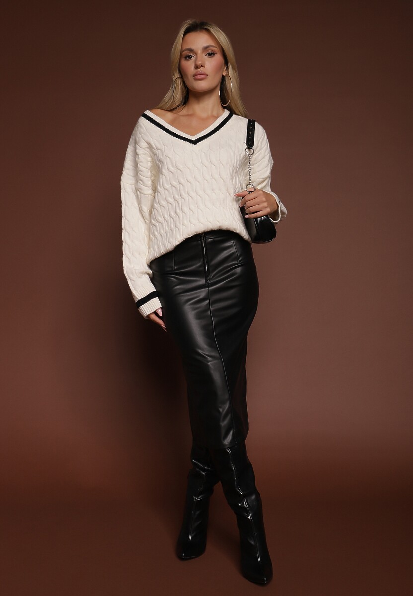 Jasnobeżowy Sweter w Stylu Preppy z Dodatkiem Kaszmiru i Warkoczowym Splotem Belmire