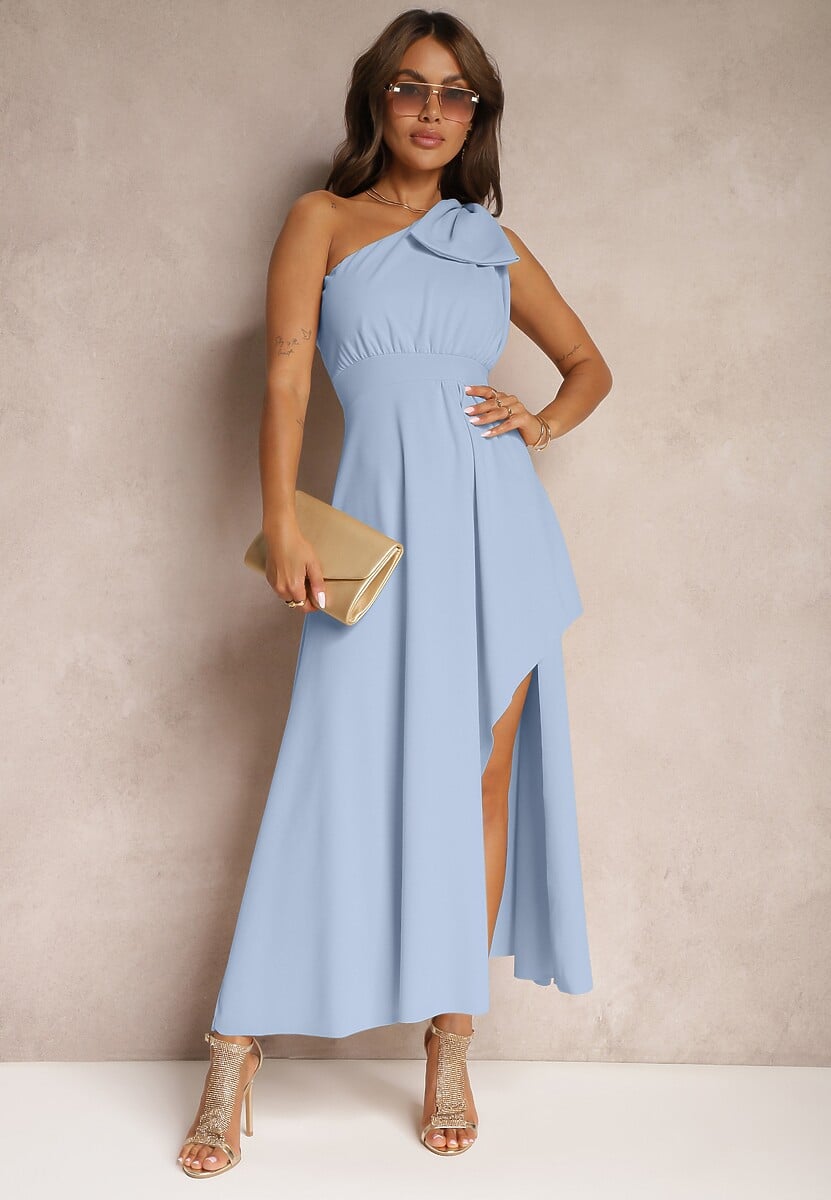 Jasnoniebieska Sukienka Koktajlowa o Asymetrycznym Kroju na Jedno Ramię Ozdobiona Kokardą Vimorissa