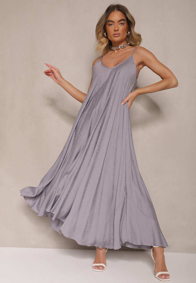 Niebieska Wiskozowa Sukienka o Rozkloszowanym Kroju Ozdobiona Cyrkoniami Tosnaria