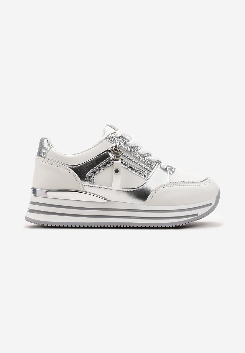 Białe Brokatowe Sneakersy na Grubej Podeszwie ze Sznurowaniem i Suwakiem Irollia