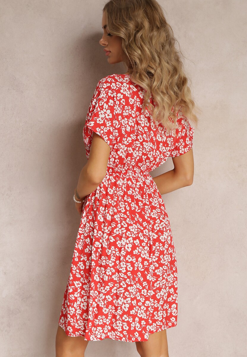 Czerwona Wiskozowa Mini Sukienka w Kwiatowy Print z Gumką w Pasie Frolia