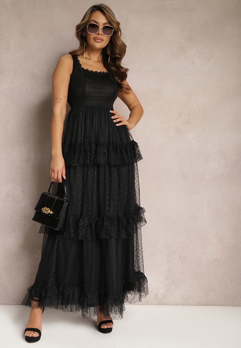 Czarna Maxi Sukienka o Rozkloszowanym Kroju z Falbankami Efezmi