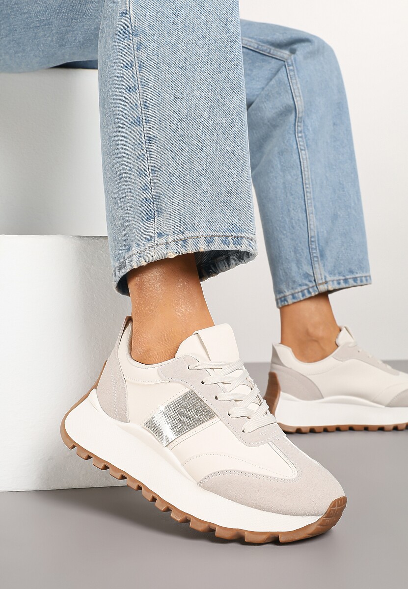 Beżowe Sneakersy na Platformie z Ozdobnymi Cyrkoniami Fenarelle