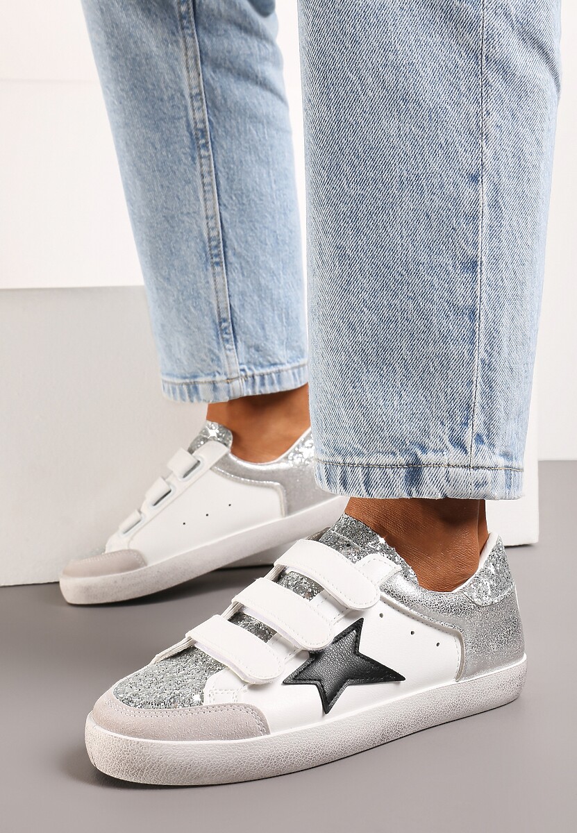 Srebrno-Białe Sneakersy Ozdobione Brokatem z Rzepami Dolanda