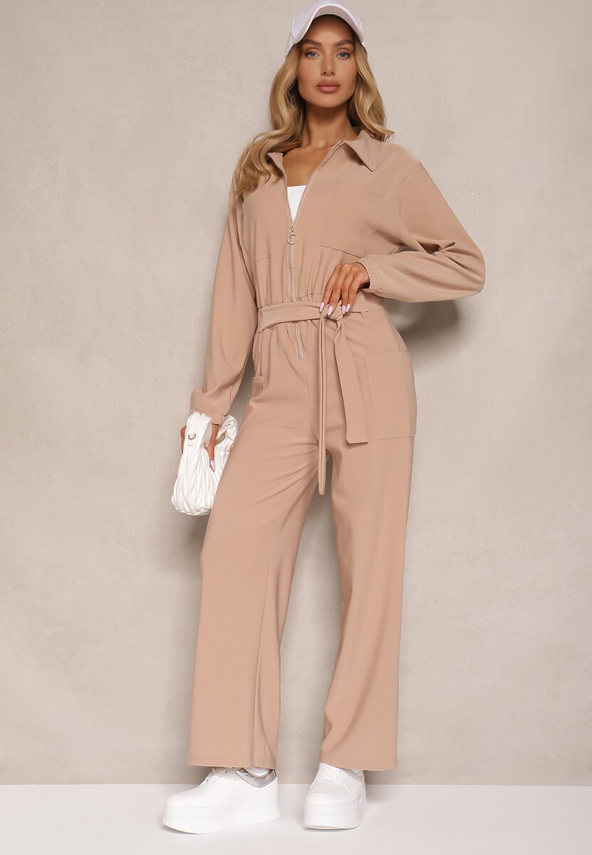 Ciemnobeżowy Kombinezon z Elastyczną Gumką w Pasie z Dodatkowym Wiązaniem o Luźnym Kroju Creera