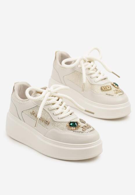 Beżowe Sneakersy na Grubej Podeszwie z Cyrkoniami i Brokatem Falissa