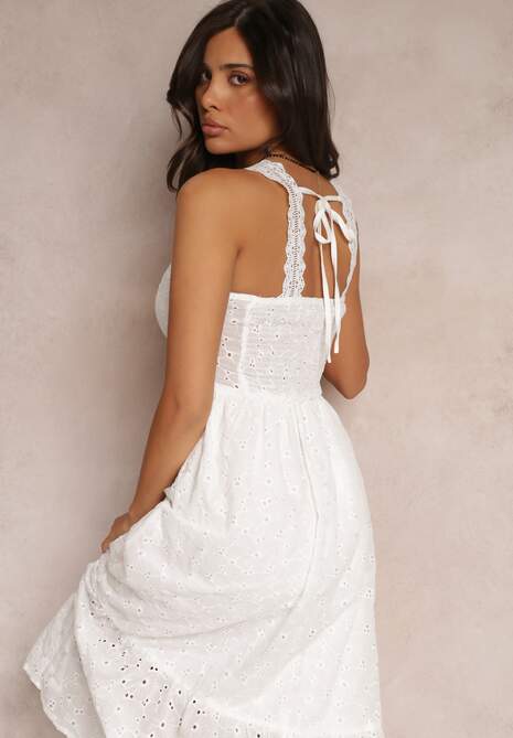 Biała Haftowana Sukienka Maxi z Koronką Norgann