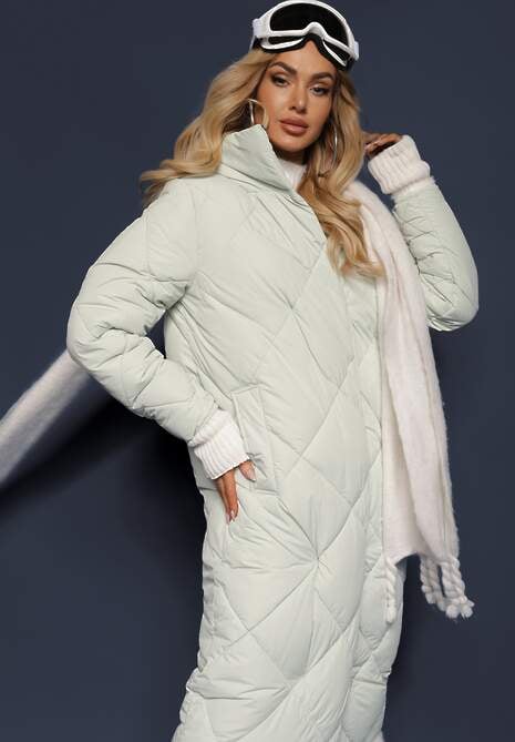 Jasnozielona Pikowana Kurtka Płaszcz za Kolano z Kapturem Kinassan