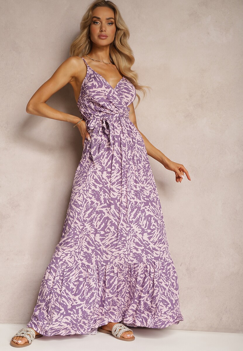 Fioletowa Wiskozowa Sukienka na Ramiączkach z Materiałowym Paskiem i Gumką w Talii Terzalia