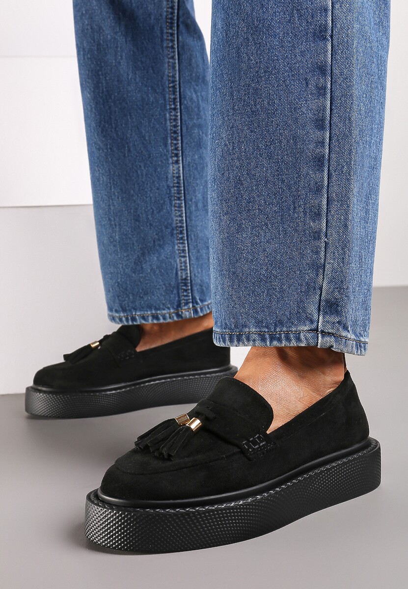 Czarne Mokasyny z Ekozamszu na Niskiej Platformie z Frędzlami na Noskach Relabrina