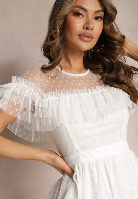 Biała Rozkloszowana Sukienka z Transparentnymi Wstawkami z Koronki Saela