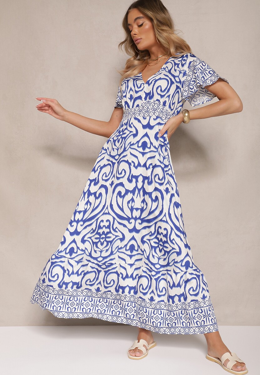 Niebieska Rozkloszowana Sukienka Zdobiona Ornamentalnym Printem Tillinelle