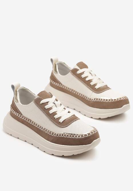 Beżowo-Brązowe Sneakersy Skórzane Ozdobione Metalicznymi Wstawkami i Przeszyciami Renosa